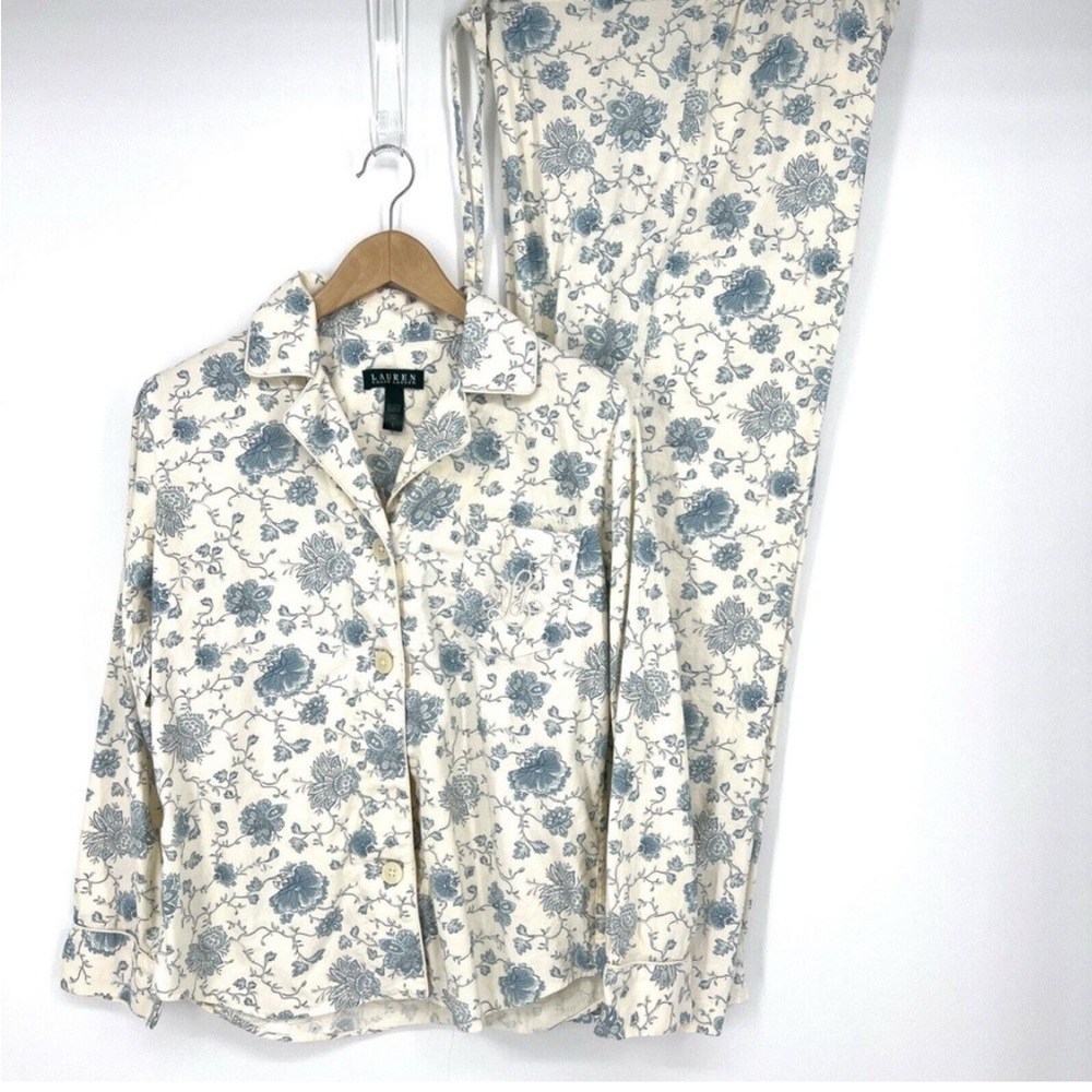 LAUREN RALPH LAUREN WOMENS PAJAMA SET SLEEPWEAR MONOGRAM PASTEL FLORAL BLUE S